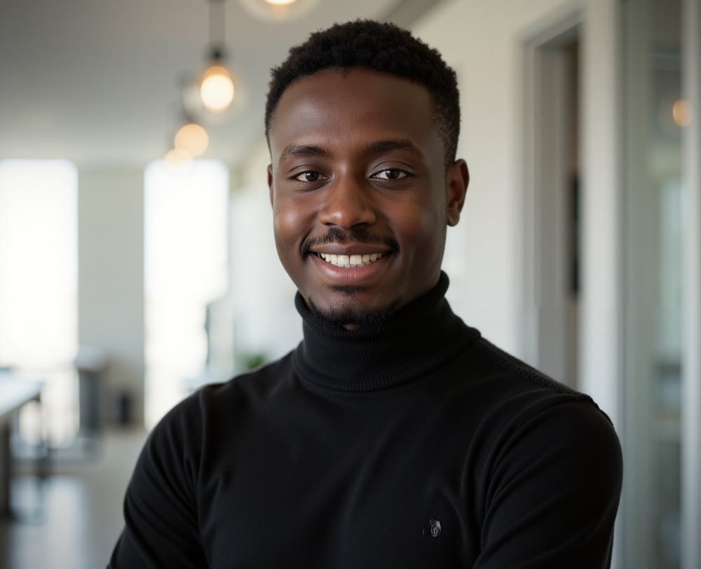 Wilkins Ndwiga in a black turtleneck, smiling, in a bright office